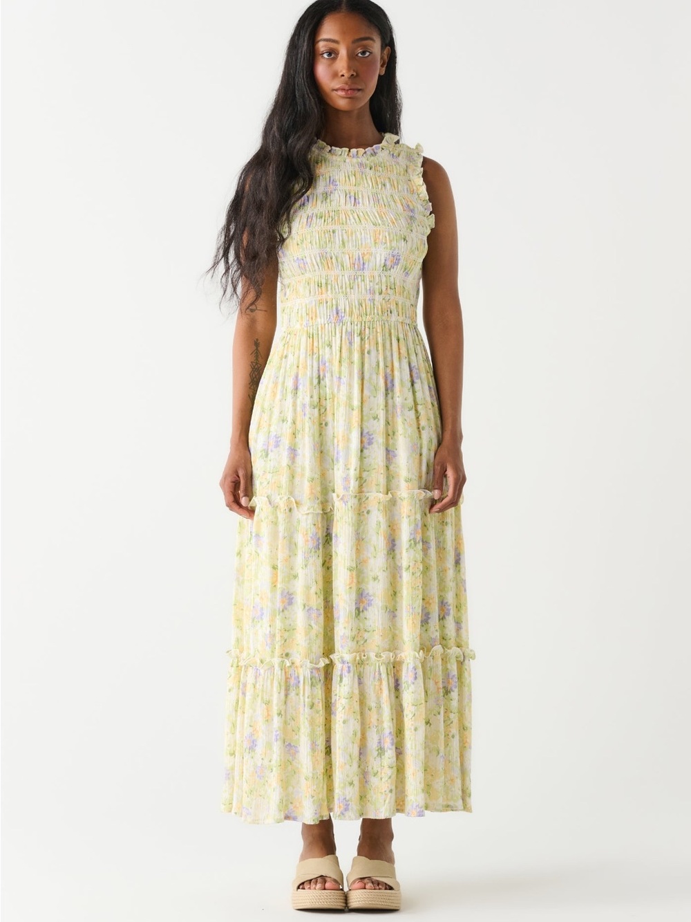 Dex Yellow & Lavender Floral Smocked Tiered Maxi Dress with Ruffle Trim